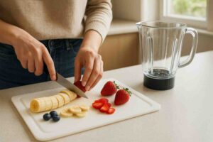 ಅಡುಗೆಮನೆಯಲ್ಲಿ ತಾಜಾ ಬೆರಿ ಮತ್ತು ಬಾಳೆಹಣ್ಣು ಸ್ಮೂದಿ ತಯಾರಿಸುತ್ತಿರುವ ದೃಶ್ಯ