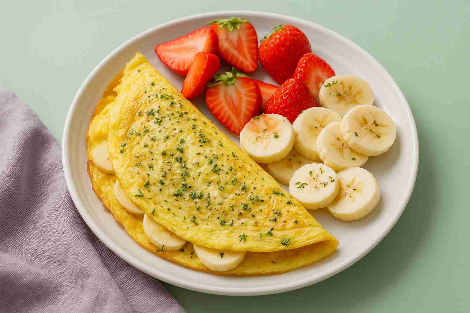 ಬಾಳೆಹಣ್ಣು ತುಂಡುಗಳೊಂದಿಗೆ ತಯಾರಿಸಿದ ಒಮ್ಲೆಟ್, ತಾಜಾ ಸ್ಟ್ರಾಬೆರಿ ಮತ್ತು ಬಾಳೆಹಣ್ಣು ಹಣ್ಣಿನ ತುಂಡುಗಳೊಂದಿಗೆ ಬಿಳಿ ತಟ್ಟೆಯಲ್ಲಿ ಸವಿದ ಉಪಹಾರ.
