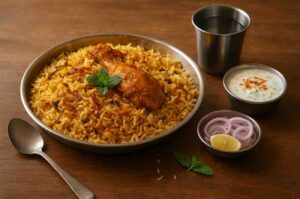 Homemade chicken biryani served with raita, sliced onions, lemon