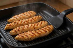 ಬಿಸಿ ಪ್ಯಾನ್ನಲ್ಲಿ ಚಿಕನ್ ಪ್ರತಿ ಬದಿಗೆ 4–5 ನಿಮಿಷ cooking