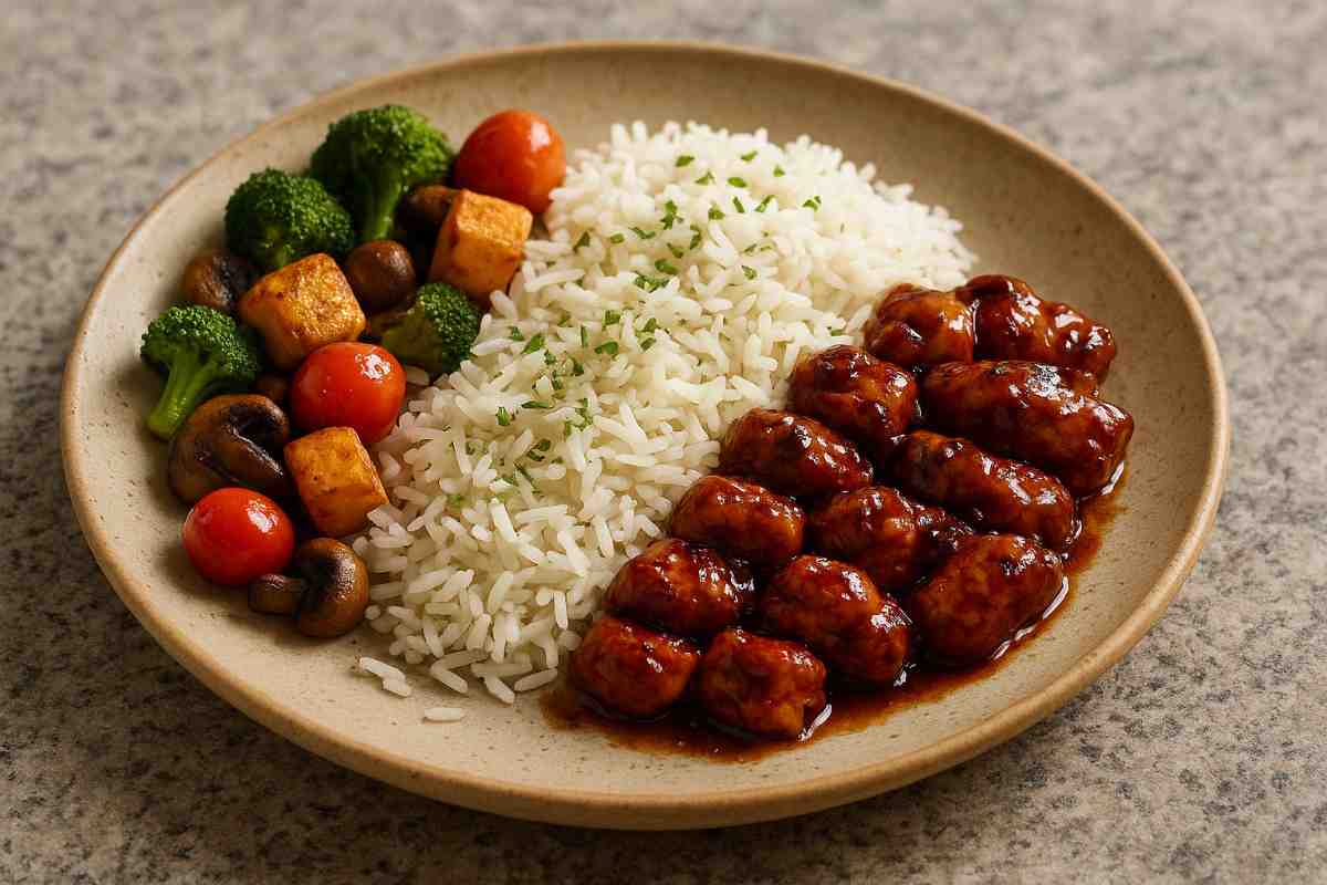 chicken teriyaki with sauce drips, fluffy rice, and roasted vegetables