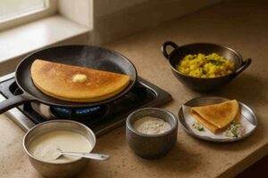 Davangere Benne Dosa cooking on tawa with butter, potato palya in kadai, chutney, dosa batter