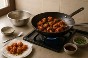 gobi manchurian cooking on a kadai in my kitchen for my family