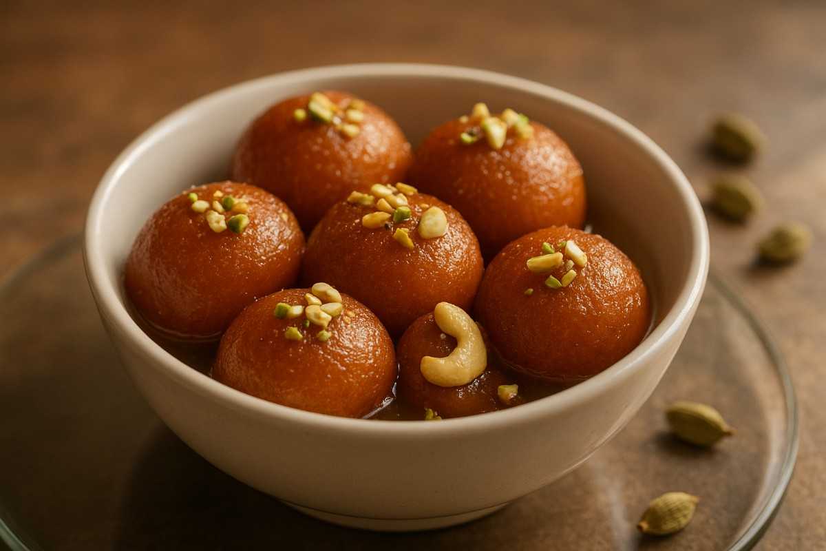 ಲಾಬ್ ಜಾಮೂನ್, ಸಕ್ಕರೆ ಪಾಕದಲ್ಲಿ ನೆನೆಸಿ, ಪಿಸ್ತಾ ಮತ್ತು ಗೋಡಂಬಿ ಅಲಂಕಾರ ಮಾಡಿದ ಸಿಹಿ