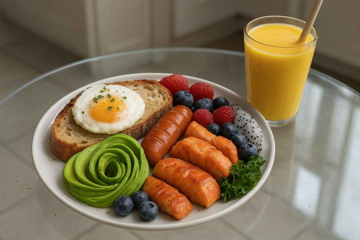 ಣ್ಣುಗಳು, ಪೋಚ್ ಮೊಟ್ಟೆ, ಸೋರ್ಡೌ ಬ್ರೆಡ್, ಚಿಕನ್ ಸಾಸೇಜ್, ಸಾಲ್ಮನ್