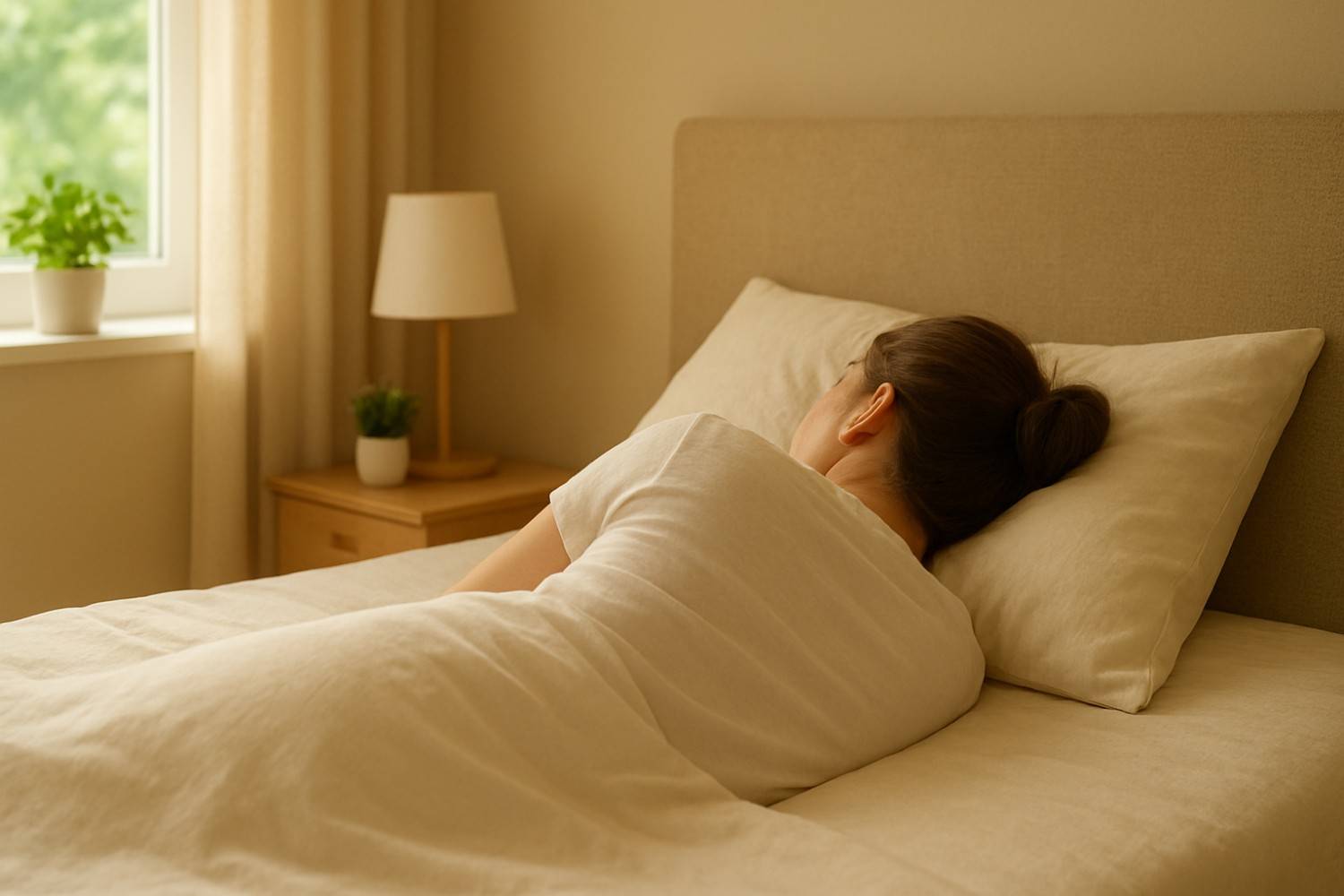 A young woman sleeping peacefully on a neatly made bed in a cozy bedroom, symbolizing good sleep and relaxation