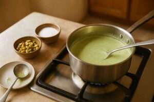 ಮನೆಯಲ್ಲೇ ಪಿಸ್ತಾ ಐಸ್ ಕ್ರೀಮ್ ತಯಾರಿಸಲು ಹಾಲು ಮತ್ತು ಪಿಸ್ತಾ ಮಿಶ್ರಣ