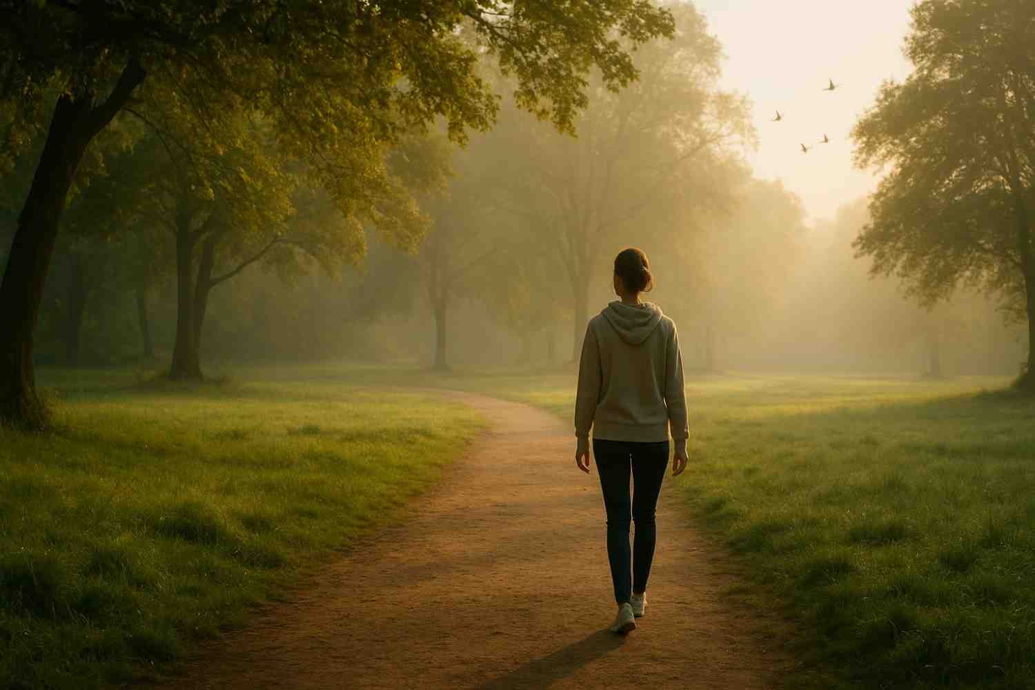 ಬೆಳಗಿನ ಹೊತ್ತಿನಲ್ಲಿ ಪ್ರಕೃತಿಯಲ್ಲಿ ಒಬ್ಬ ಯುವತಿ ಶಾಂತವಾಗಿ ನಡೆಯುತ್ತಿರುವುದು, ಕೈಯಲ್ಲಿ ಮೊಬೈಲ್ ಇಲ್ಲದೆ, ಹಸಿರು ಮರಗಳು ಮತ್ತು ಸೂರ್ಯಕಿರಣಗಳಿಂದ ಆವರಿಸಿದ ದೃಶ್ಯ.