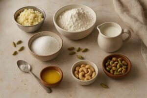 ತೆಗೆದ ಗುಲಾಬ್ ಜಾಮೂನ್ ಸಾಮಗ್ರಿಗಳ ಫೋಟೋ — ಖೋವಾ, ಮೈದಾ, ಸಕ್ಕರೆ, ಹಾಲು, ಗೀ, ಏಲಕ್ಕಿ, ಪಿಸ್ತಾ ಮತ್ತು ಒಂದು ಕಪ್ ಕಾಜು