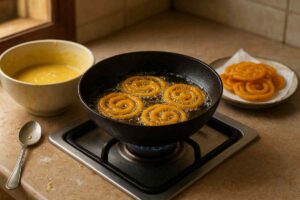 ಅಡುಗೆಮನೆಯಲ್ಲಿ ಜಿಲೇಬಿ ಕರಿಯುತ್ತಿರುವ ಕಾದಾಯಿ, ಪಕ್ಕದಲ್ಲಿ ಹಿಟ್ಟಿನ ಬೌಲ್ ಮತ್ತು Tissue ಮೇಲಿನ ಬಿಸಿ ಜಿಲೇಬಿ ತುಂಡುಗಳು