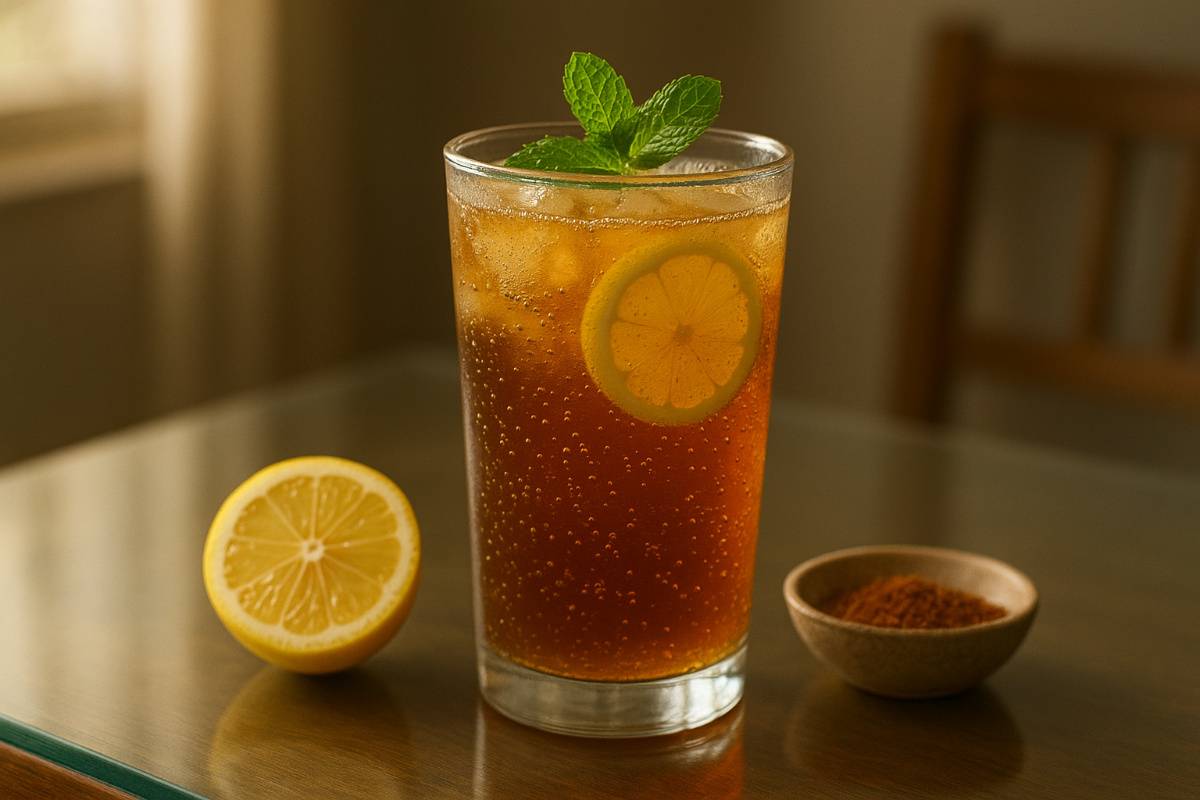 chilled masala soda with lemon slices and mint garnish and served for family