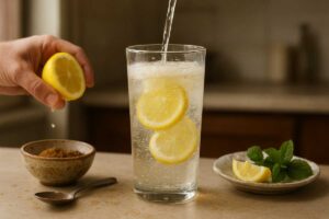 Masala soda being preparing at home, soda poured into a glass with lemon slices
