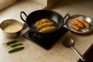 Green chili bajjis being fried in my home because its rainy day here