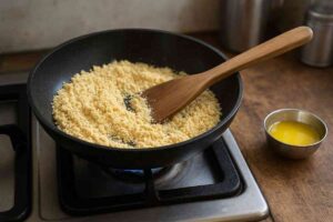 Roasting besan with ghee in a pan on a stove while preparing traditional Mysore Pak at home