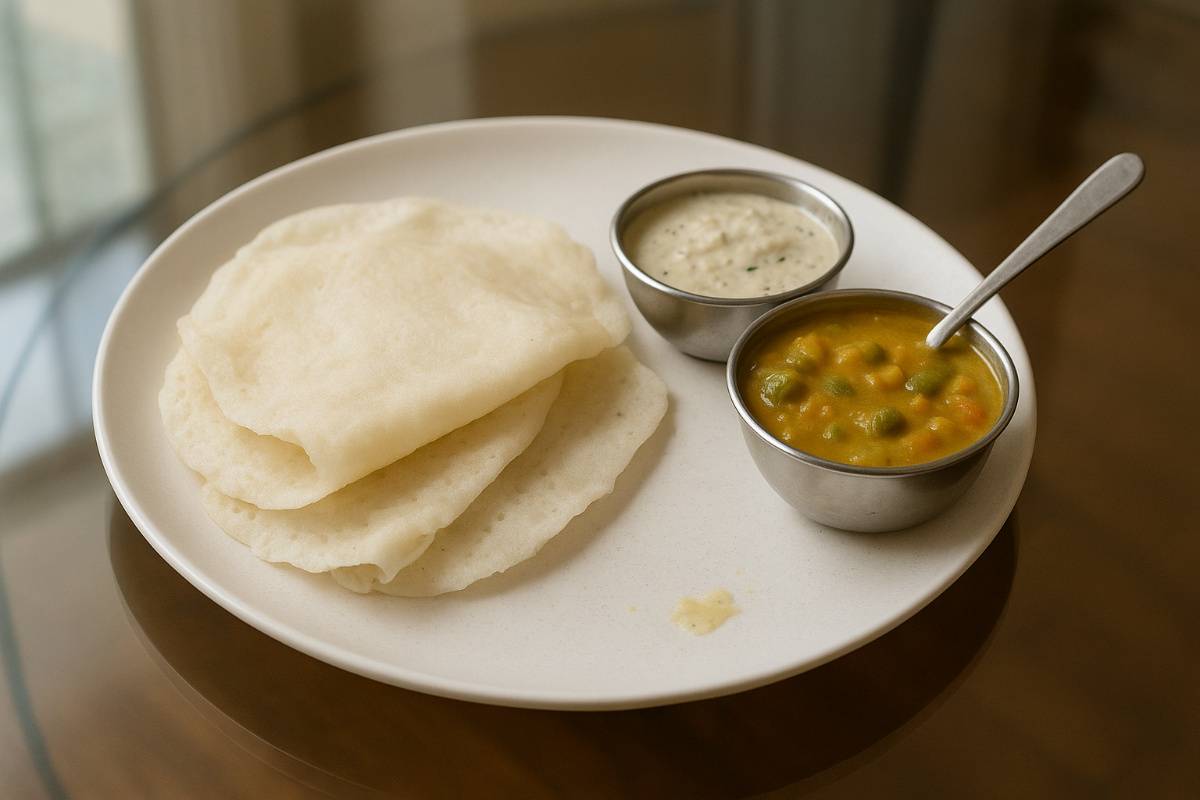 Neer dosa served with coconut chutney and vegetable sagu