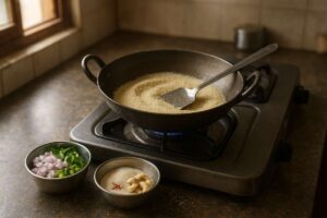 ಮನೆಯಲ್ಲಿ ಅಡುಗೆ ಮಾಡುತ್ತಿರುವಾಗ ರವೆ ಹುರಿಯುತ್ತಿರುವ ಕಡೆಯ ದೃಶ್ಯ, ಪಕ್ಕದಲ್ಲಿ ಉಪ್ಪಿಟ್ಟು ಮತ್ತು ಕೇಸರಿ ಬಾತ್‌ಗೆ ಬೇಕಾದ ಸಾಮಗ್ರಿಗಳು ಇಟ್ಟಿವೆ.