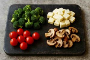 Freshly chopped broccoli, paneer cubes, mushrooms, and cherry tomatoes
